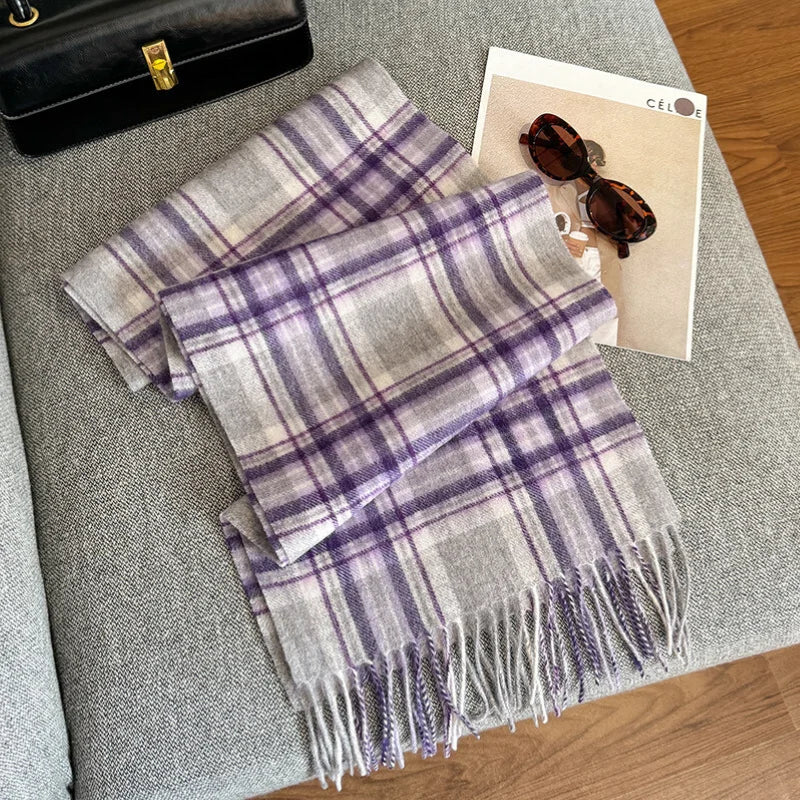 Luxury Wool Scarf for Women – Warm Checkered Winter Scarf Made from 100% Wool